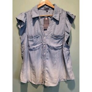 New Democracy Blue Chambray Short Flutter Sleeve Button Up Shirt Sz 1X
